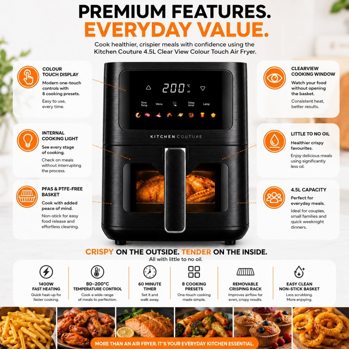 Kitchen Couture 4.5L Clear View Colour Touch Air Fryer