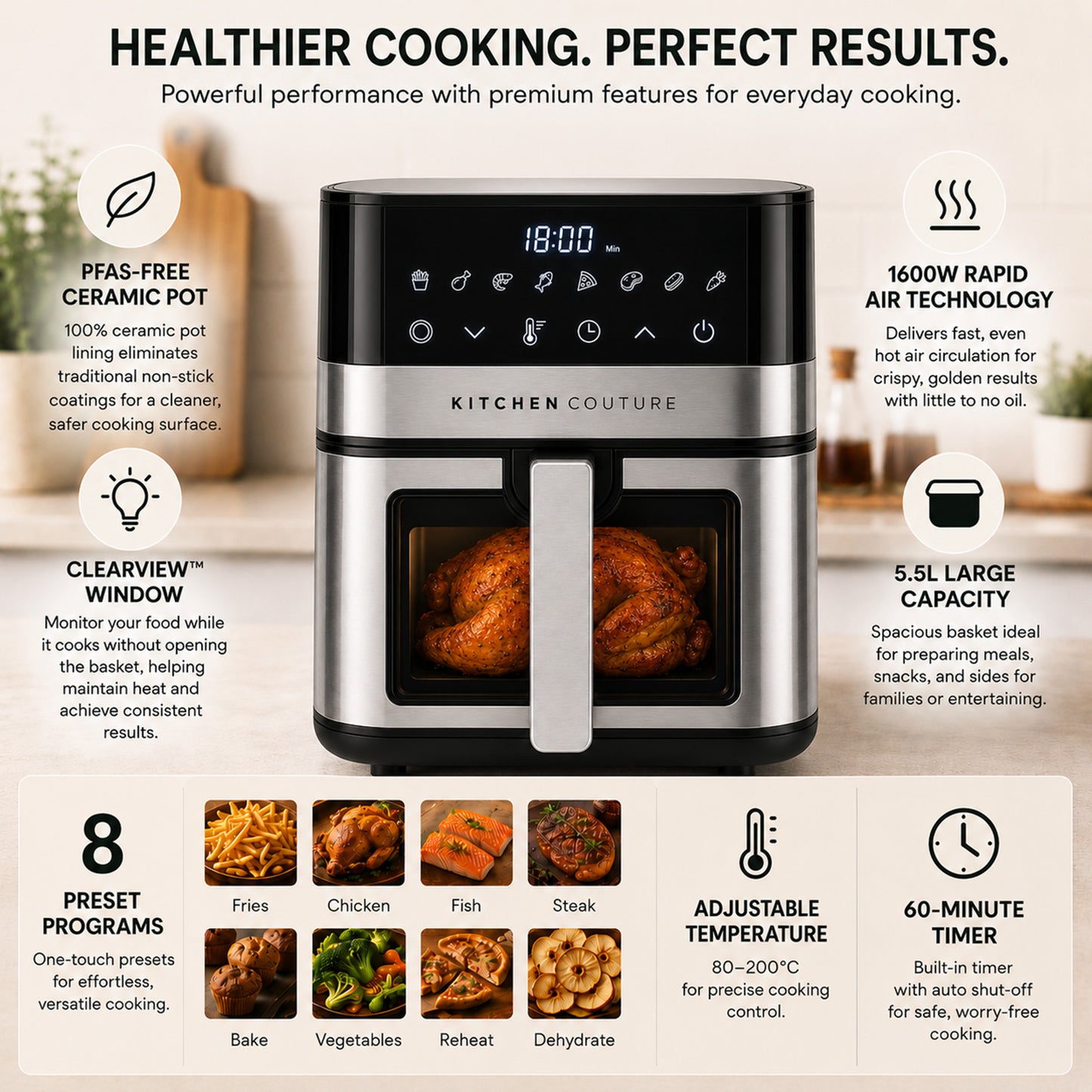 Kitchen Couture 5.5L PFAS-Free Ceramic Air Fryer, ClearView™ Window, 1600W