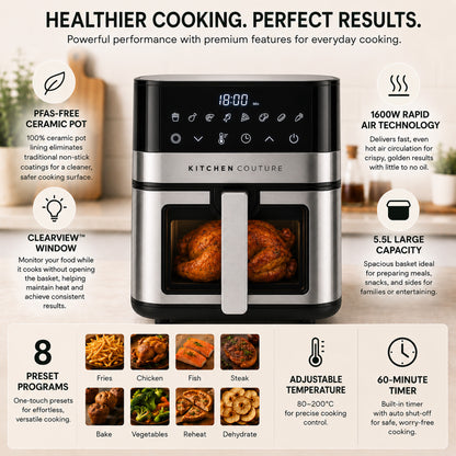 Kitchen Couture 5.5L PFAS-Free Ceramic Air Fryer, ClearView™ Window, 1600W