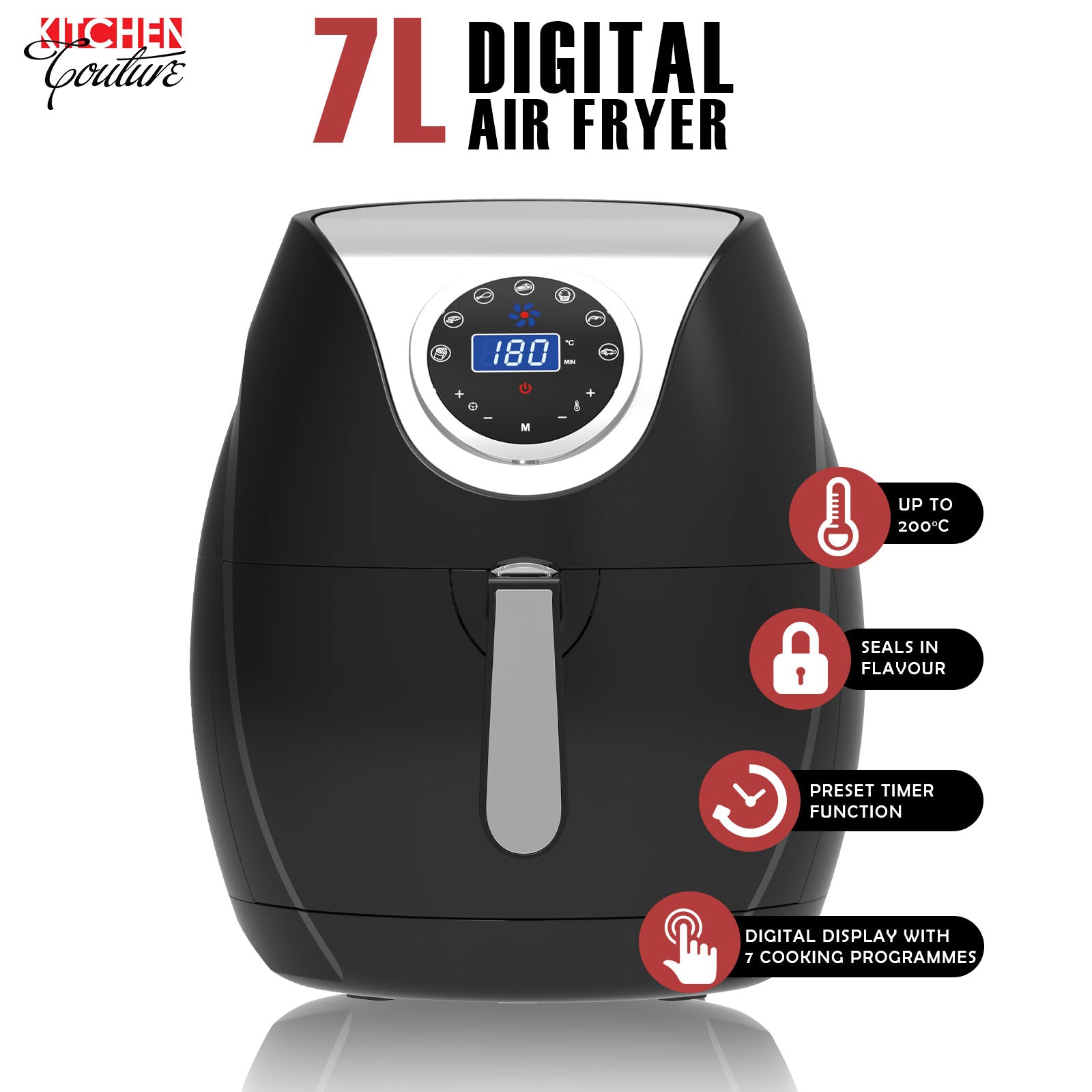 Kitchen Couture Digital Air Fryer 7L LED Display Low Fat Healthy Oil Free Black