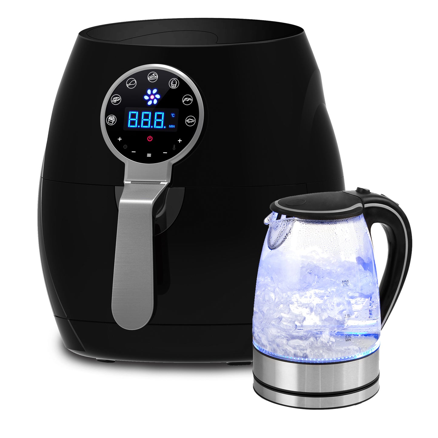 5 Litre Air Fryer Black And 1.7 Litre Kettle Blue LED Kitchen Package Deal Set