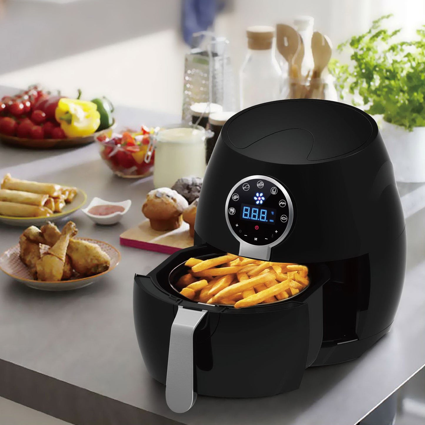 5 Litre Air Fryer Black And 1.7 Litre Kettle Blue LED Kitchen Package Deal Set